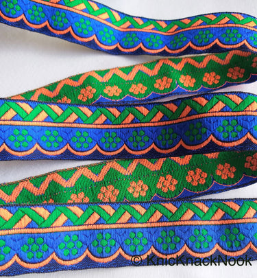 Blue, Green And Orange Trim With Floral Embroidery, Approx. 32mm Wide - 210119L59
